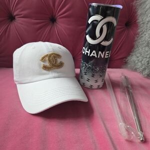 FAUX Chanel White Baseball Cap with Gold Logo